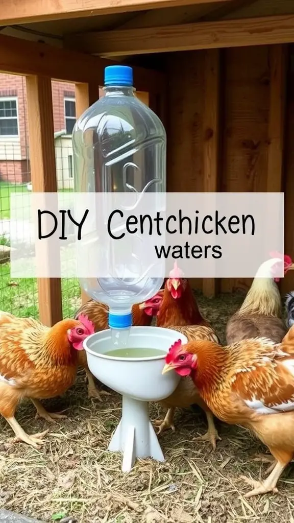 DIY chicken waterer made from a plastic bottle and bowl with chickens drinking from it.