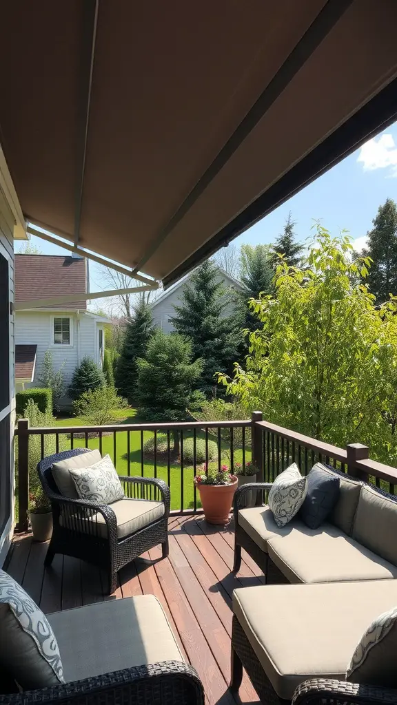 A deck with a retractable canopy providing shade over cozy seating.