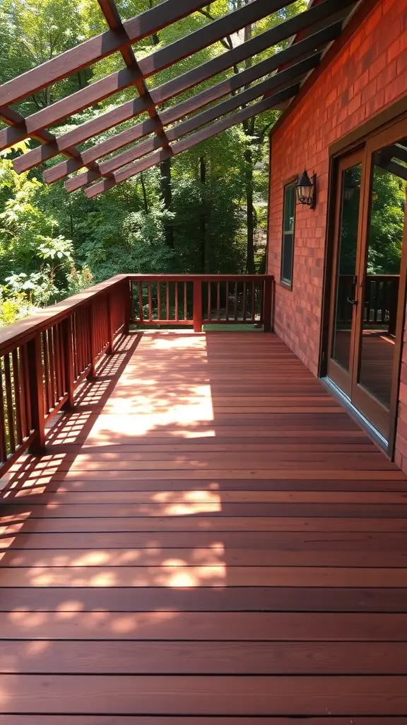 Deck stained in rich mahogany surrounded by greenery