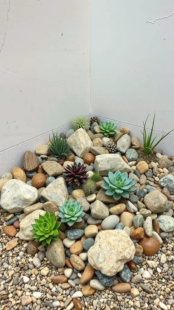 A rock garden featuring various succulents among pebbles and stones.