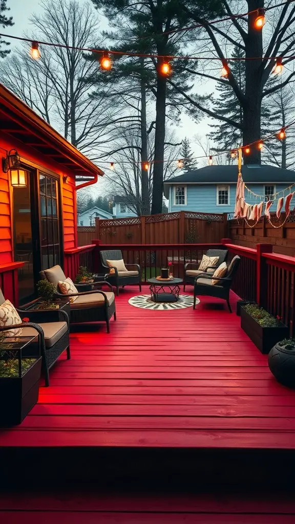 15 Stunning Deck Paint Color Ideas to Transform Your Outdoor Space 10 A deck painted in ruby red with string lights and comfortable seating.