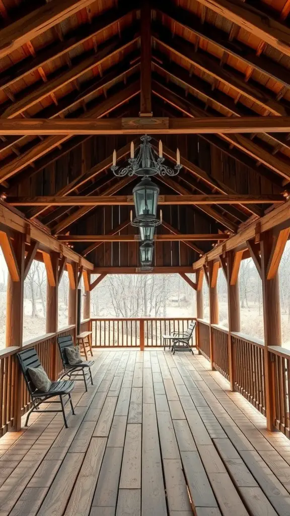 A rustic deck featuring a barn-style roof with exposed wooden beams and a chandelier hanging from the ceiling.