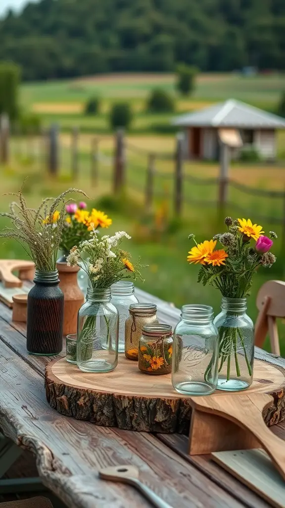 A rustic farmhouse table with glass jars filled with flowers, surrounded by a scenic countryside view.
