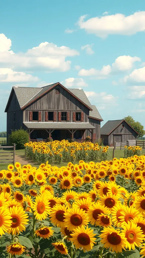 A picturesque rustic farmhouse surrounded by a vibrant sunflower patch under a clear blue sky.