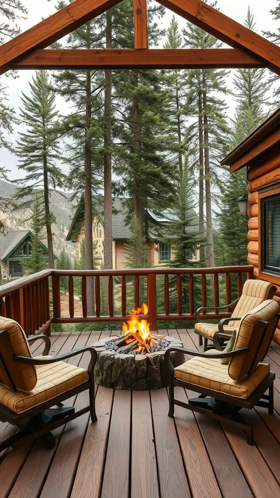 A cozy deck with Rustic Fir stain, featuring a fire pit and comfortable seating surrounded by trees