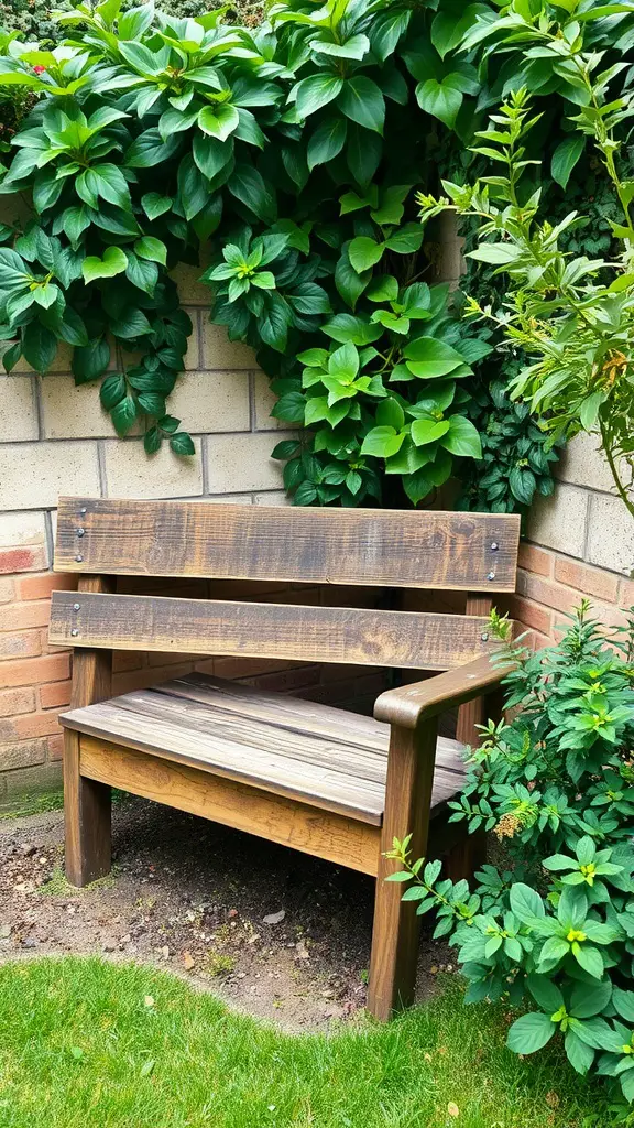 A rustic wooden bench surrounded by lush green plants