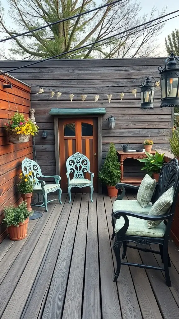 25 Stunning Backyard Deck Ideas for Your Outdoor Oasis 25 A rustic wooden deck with vintage decor, featuring two chairs, potted plants, and hanging lanterns.