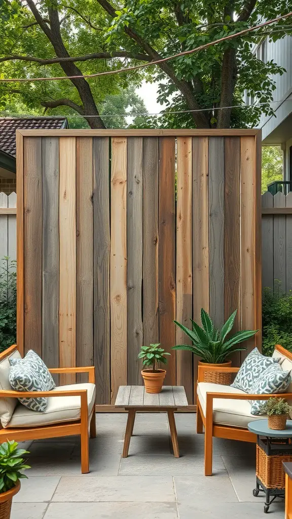 A cozy patio with rustic wooden screens, comfortable seating, and potted plants.