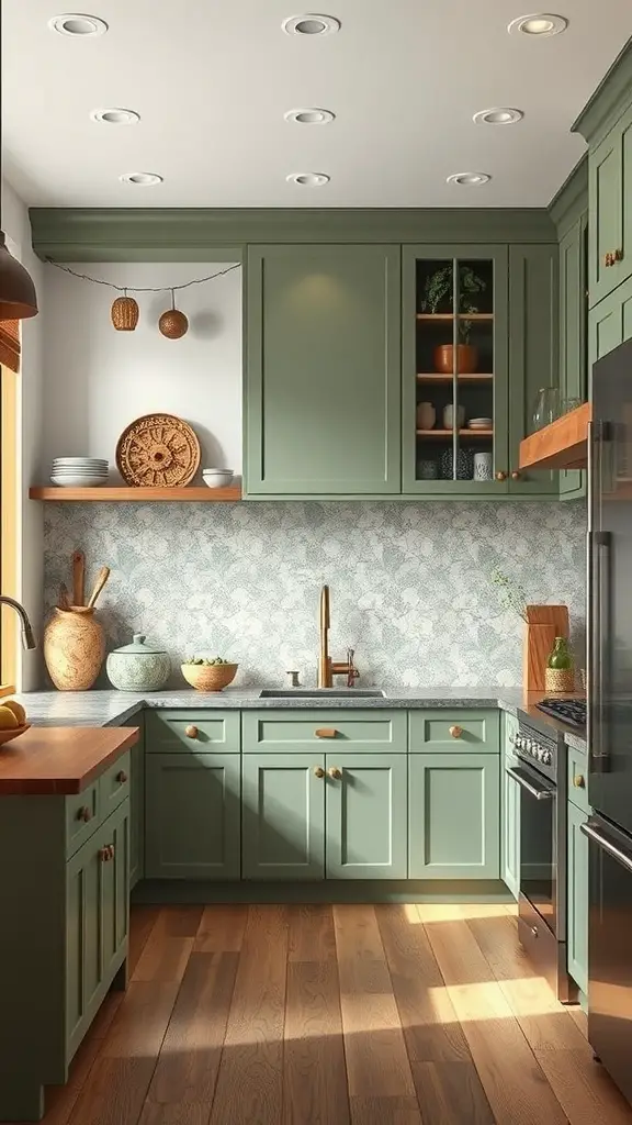 29 Stunning Sage Green Kitchen Cabinet Ideas for a Fresh Look 22 A kitchen with sage green cabinets, wooden countertops, and floral wallpaper, featuring natural light and decorative elements.