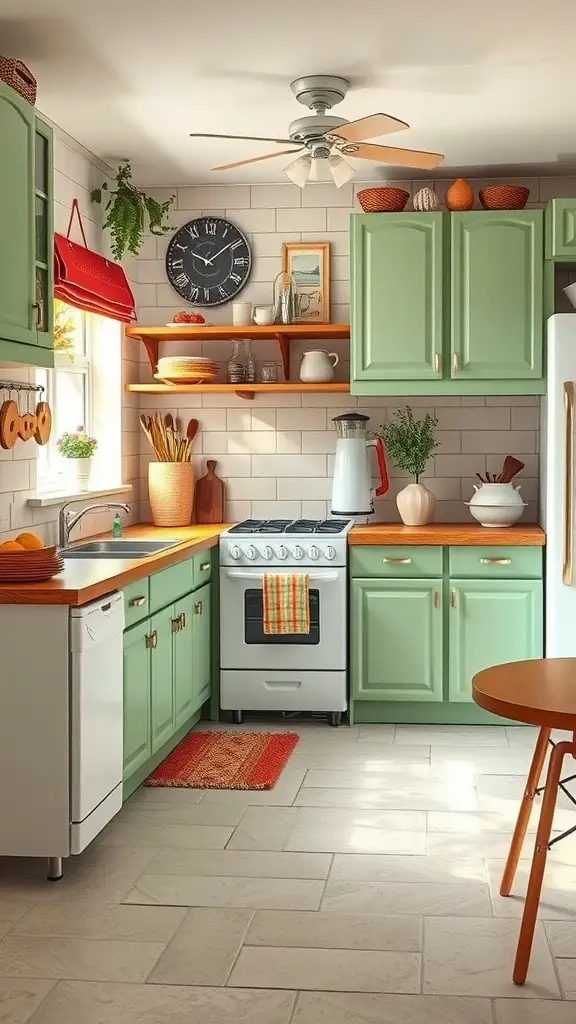 29 Stunning Sage Green Kitchen Cabinet Ideas for a Fresh Look 27 A vintage-style kitchen featuring sage green cabinets, wooden countertops, and rustic decor.