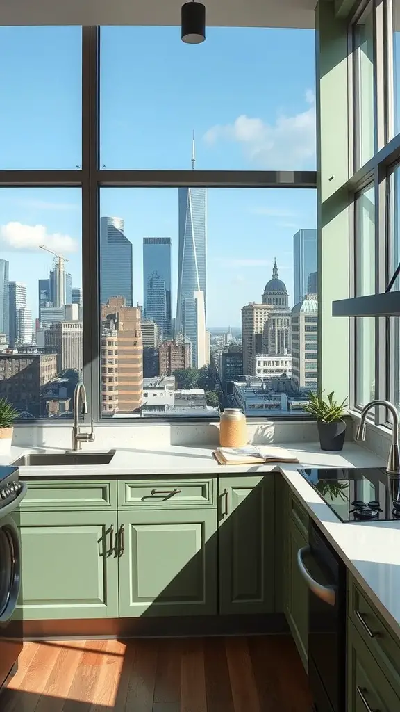 29 Stunning Sage Green Kitchen Cabinet Ideas for a Fresh Look 26 A modern kitchen featuring sage green cabinets with a city skyline view