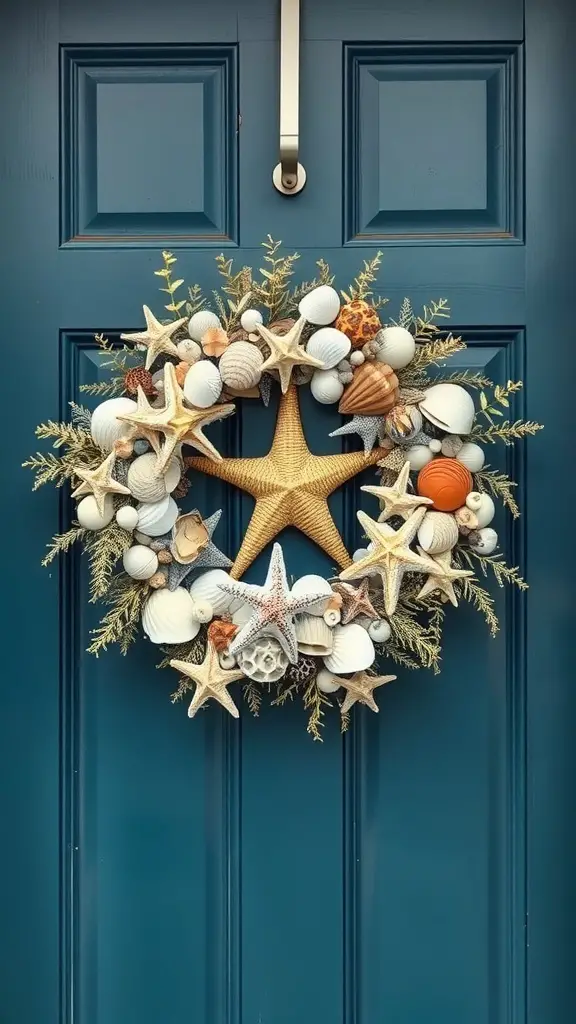 A beautiful wreath made of seashells and starfish, hanging on a blue front door.