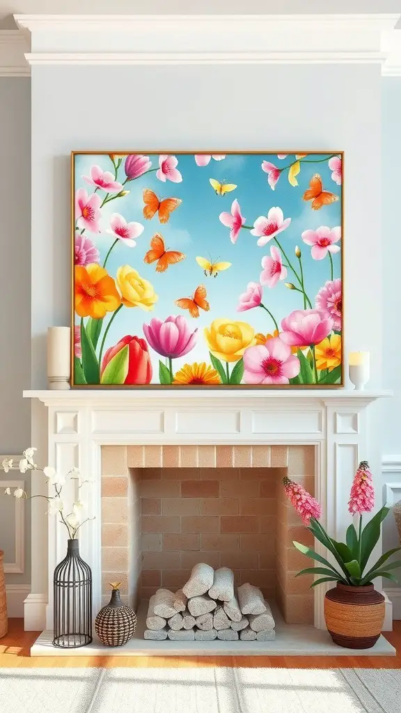 17 Charming Spring Fireplace Decor Ideas with TV Integration 5 A bright spring-themed artwork featuring flowers and butterflies hanging above a fireplace, surrounded by decorative plants.