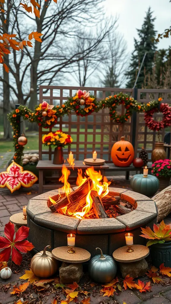 17 Inspiring Backyard Patio and Fire Pit Ideas 14 A cozy fire pit decorated for fall, surrounded by pumpkins, candles, and autumn leaves.
