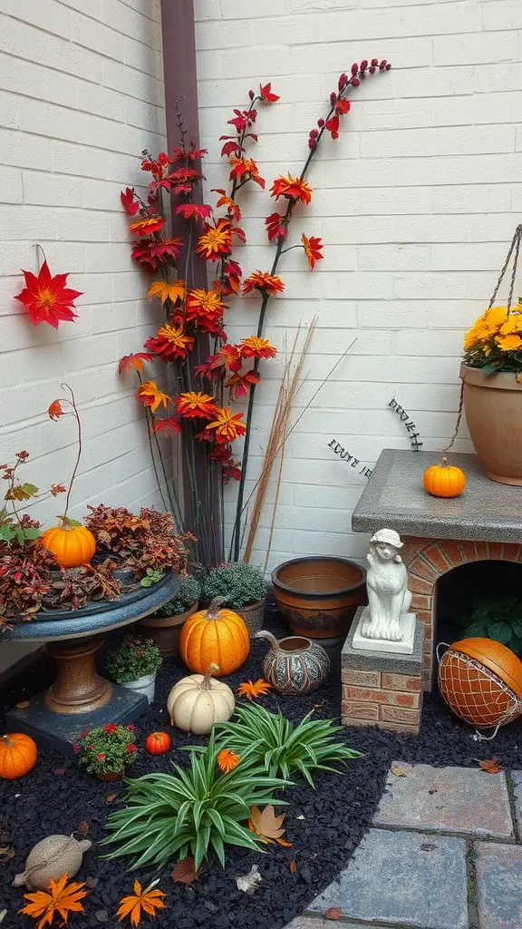 A cozy corner garden featuring colorful autumn decorations with pumpkins, flowers, and a birdbath.