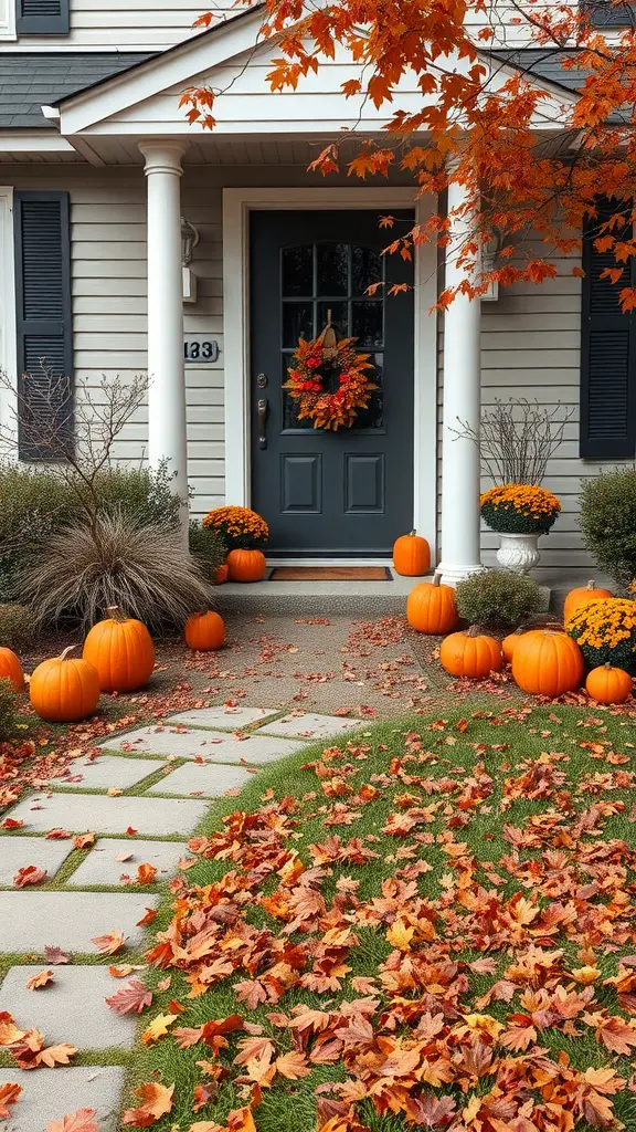 A fall-themed front yard with pumpkins, colorful leaves, and a wreath on the door.