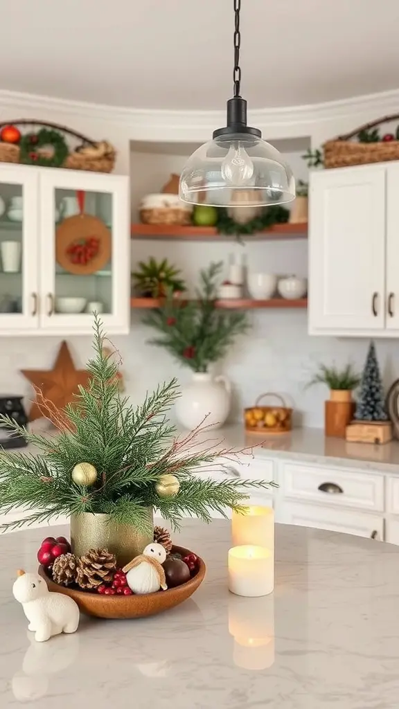 27 Cozy Kitchen Ideas to Create a Warm and Inviting Space 25 A cozy kitchen with seasonal decor, featuring greenery, candles, and festive elements.