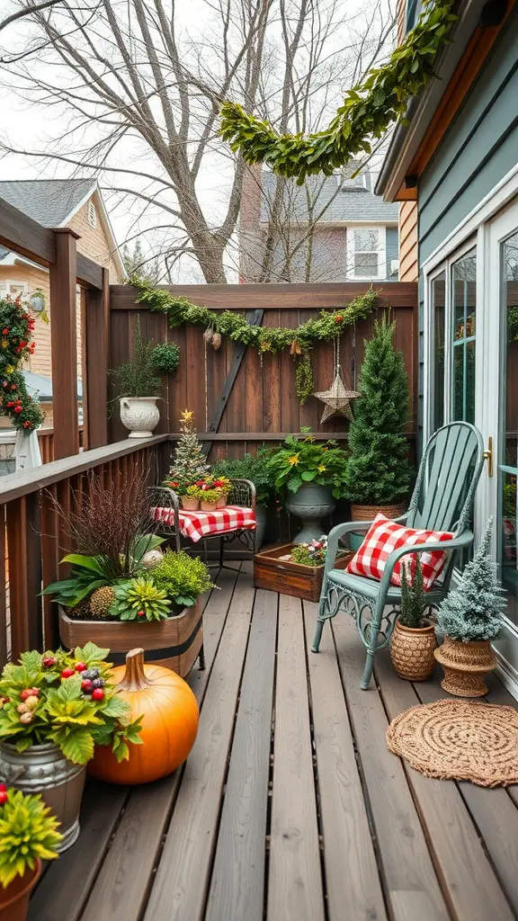 15 Creative Garden Decking Ideas for Your Outdoor Space 17 A cozy garden decking area with seasonal decor, featuring checkered cushions, planters, a pumpkin, and greenery.