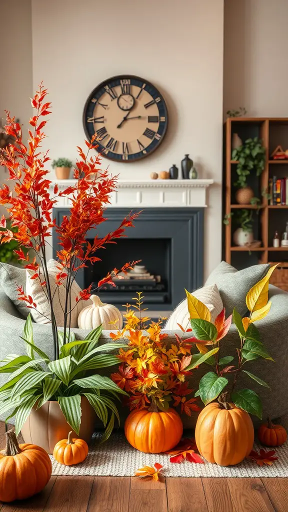 21 Stylish Decor Ideas with Fake Plants 15 Decorative arrangement of seasonal fake plants including vibrant faux flowers, colorful foliage, and pumpkins in a cozy living room setting.