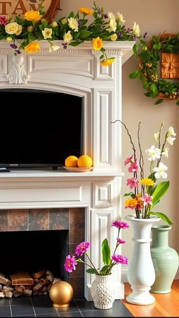 17 Charming Spring Fireplace Decor Ideas with TV Integration 19 A beautifully decorated spring fireplace with vibrant flowers, oranges, and a TV above the mantel.