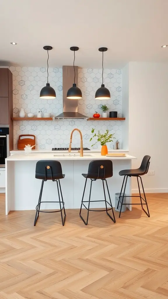 29 Stunning Kitchen Makeover Ideas for a Fresh Look 20 Stylish black bar stools in a modern kitchen with wood floor and white countertop.