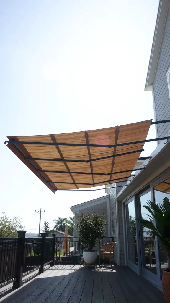 A modern shade canopy over an outdoor deck providing shelter from the sun.