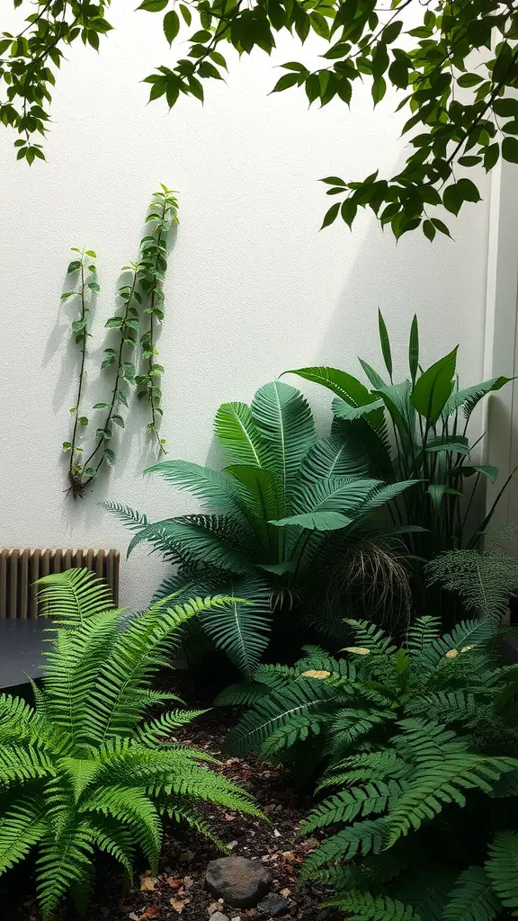 A shaded corner garden featuring various lush green ferns and a few structured plants against a light background.