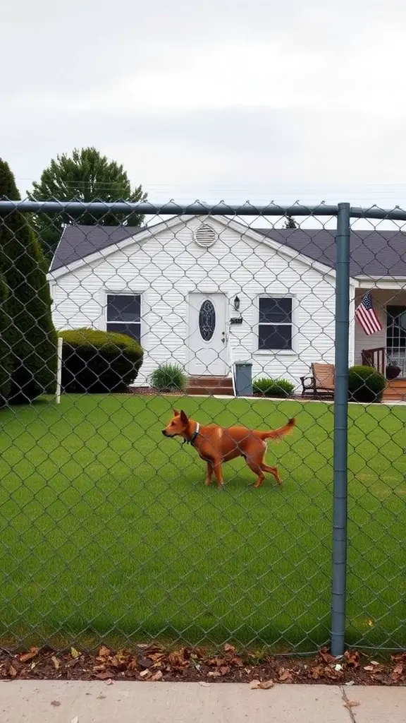 A chain link fence enclosing a green yard with a dog walking inside