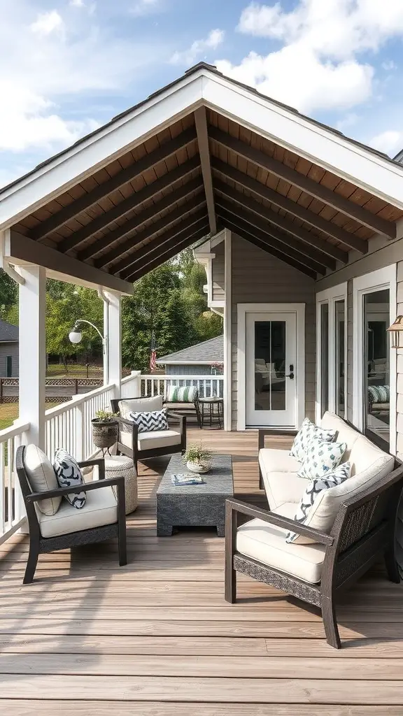 A deck area featuring a skillion roof with comfortable seating and a central table.