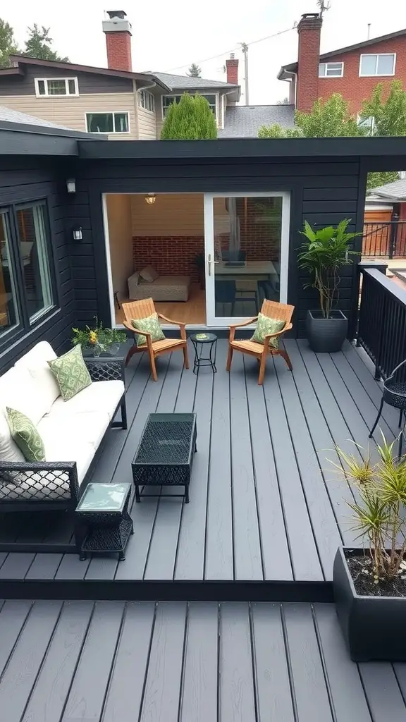 A modern outdoor deck painted in charcoal gray, featuring stylish seating and a cozy atmosphere.