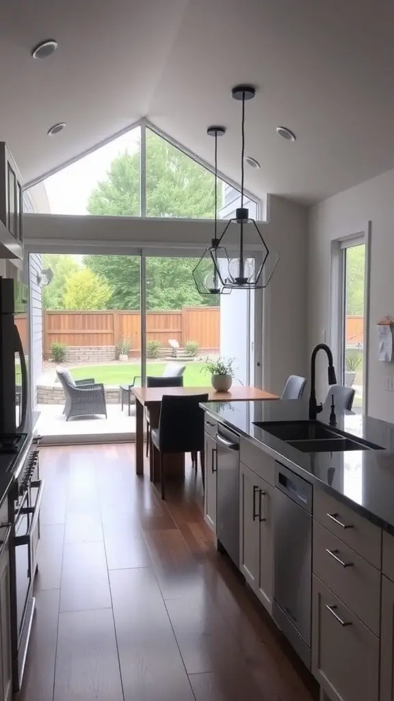 A modern kitchen with sliding glass doors leading to an outdoor space, showcasing natural light and a cozy seating area.