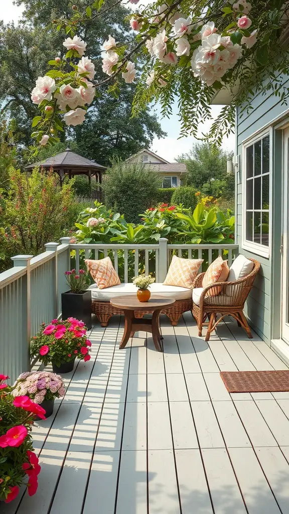 A peaceful deck stained in soft sage color, surrounded by vibrant flowers and greenery.