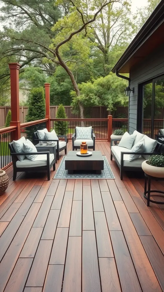 An outdoor deck stained in a rich walnut color with stylish seating and greenery.