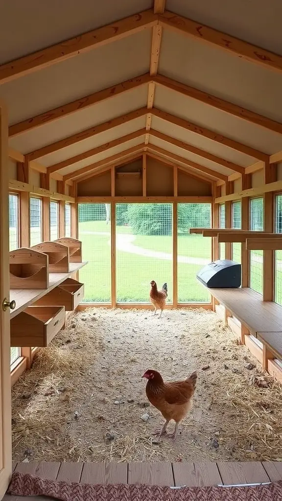 Interior view of a spacious chicken coop with wooden shelves and two chickens roaming.