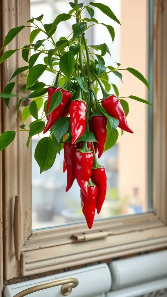 25 Must-Have Kitchen Plants for a Fresh and Green Home 10 A bunch of red chili peppers hanging by a window, showcasing their vibrant color and healthy green leaves.