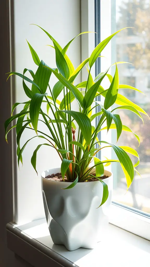 A vibrant spider plant in a stylish white pot, sitting by a sunny window.