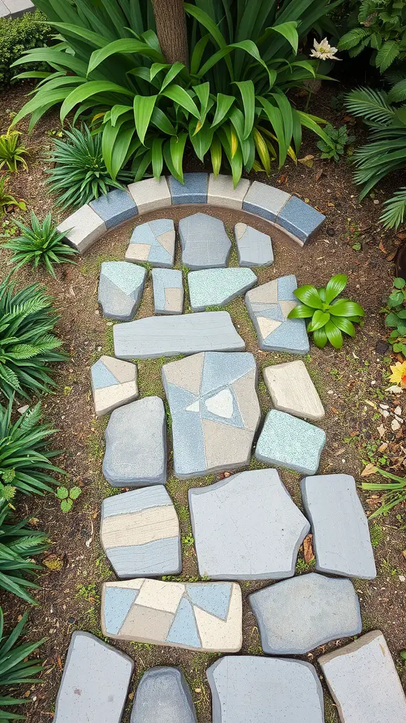 A stepping stone mosaic path surrounded by greenery in a garden.