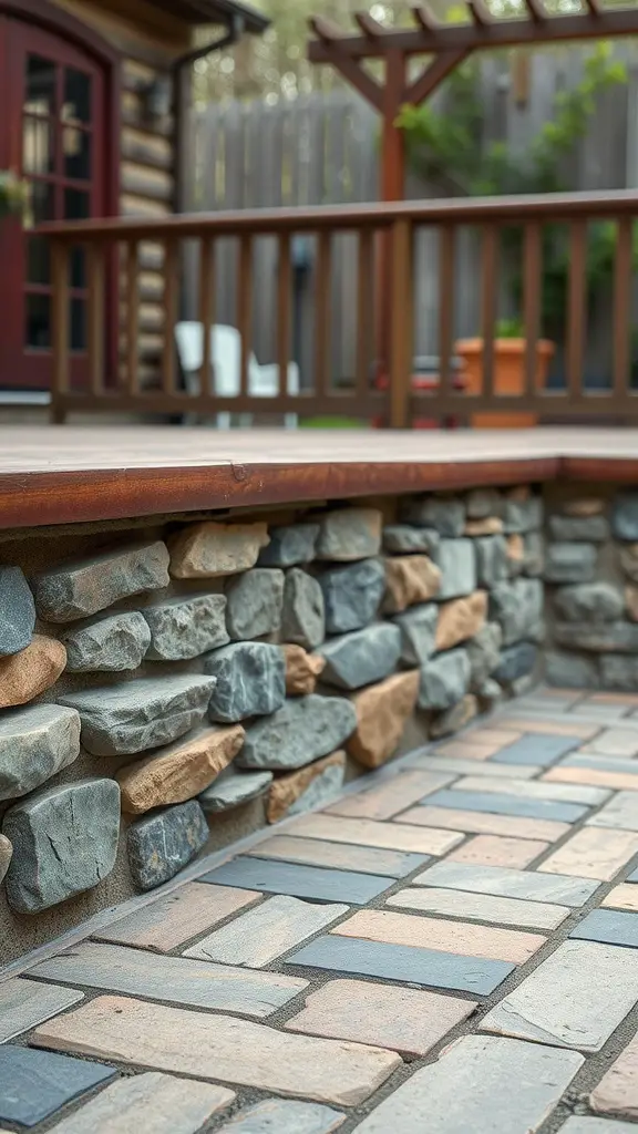 Close-up of stone and brick deck skirting with a wooden deck