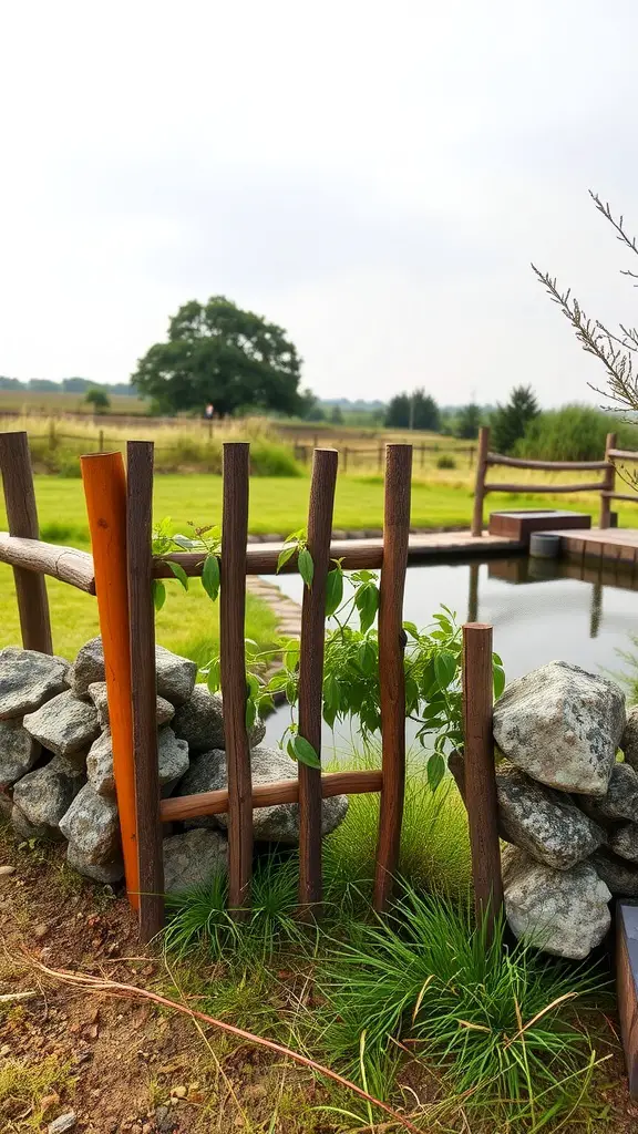 A rustic stone and timber fence surrounding a small pond, featuring wooden posts and stones.