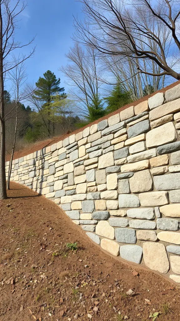 19 Stunning Retaining Wall Ideas for Hillside Landscaping 14 A hillside stone veneer wall with a variety of stone colors and textures.
