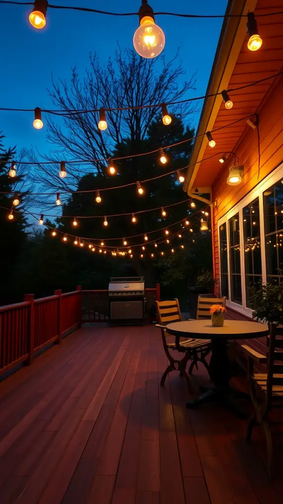 A cozy outdoor deck adorned with string lights, showcasing a warm atmosphere for evening gatherings.