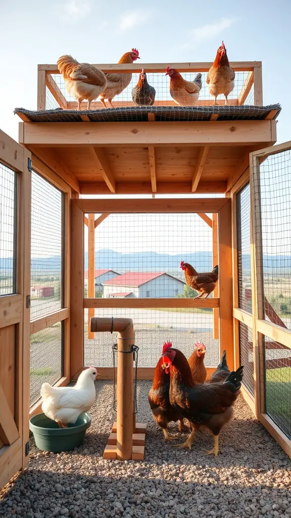 Stylish chicken coop with a roof deck, featuring chickens on top and inside the coop.