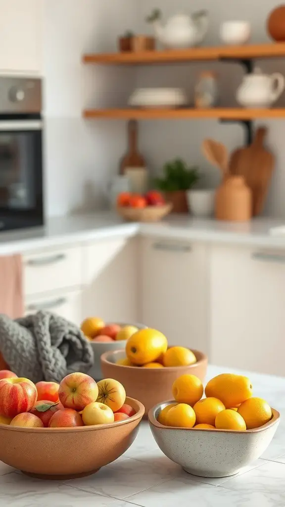 A collection of clay bowls filled with apples and lemons in a modern kitchen.