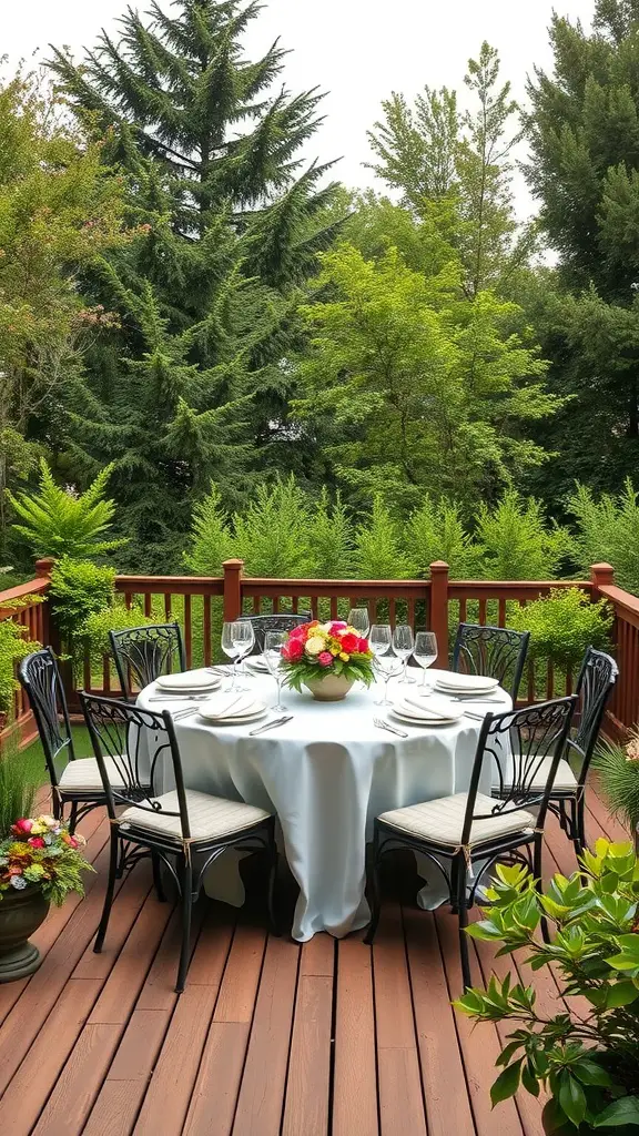 A round outdoor dining table with a white tablecloth, set for a meal, surrounded by green trees and plants.