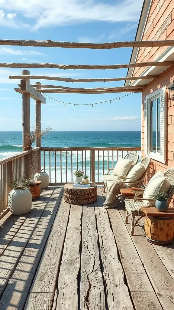 A serene beachside deck with weathered wood planks and comfortable seating, overlooking the ocean.