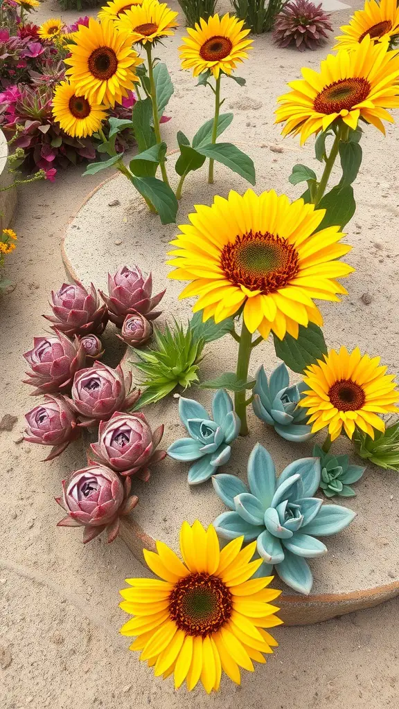 A vibrant flower bed featuring bright yellow sunflowers mixed with lush succulents.