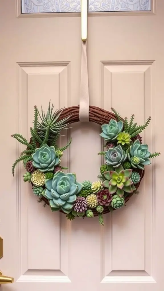 A succulent and cactus wreath hung on a light-colored door, featuring various succulent plants in shades of green and purple.