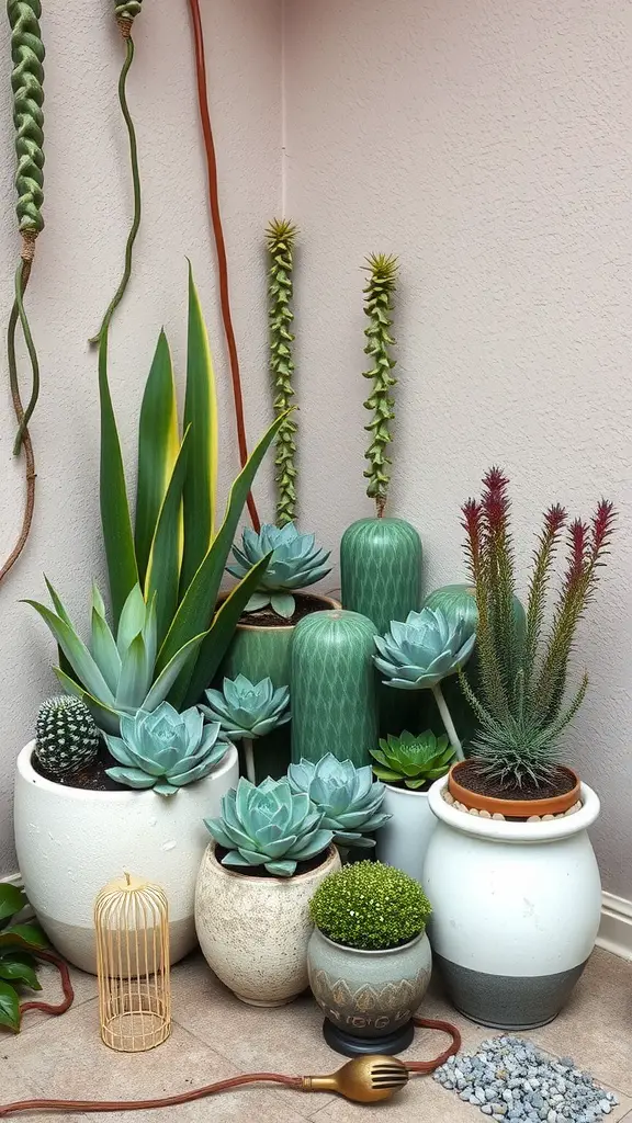 A corner garden display featuring various succulent plants in decorative pots.