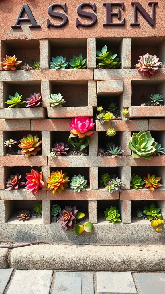 Succulent wall art made with cinder blocks, featuring various colorful succulents in an arranged structure.