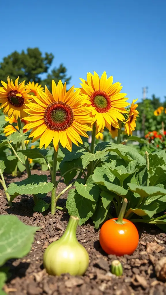 A garden bed featuring sunflowers alongside vegetables like onions and tomatoes on a sunny day.